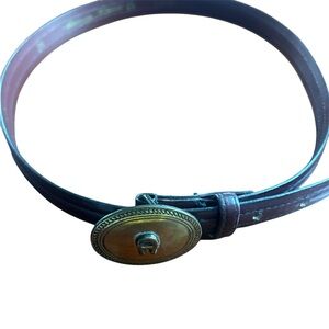 VTG 28” Etienne Aigner Belt Oxblood Leather Adjustable Brass Oval Logo Skinny